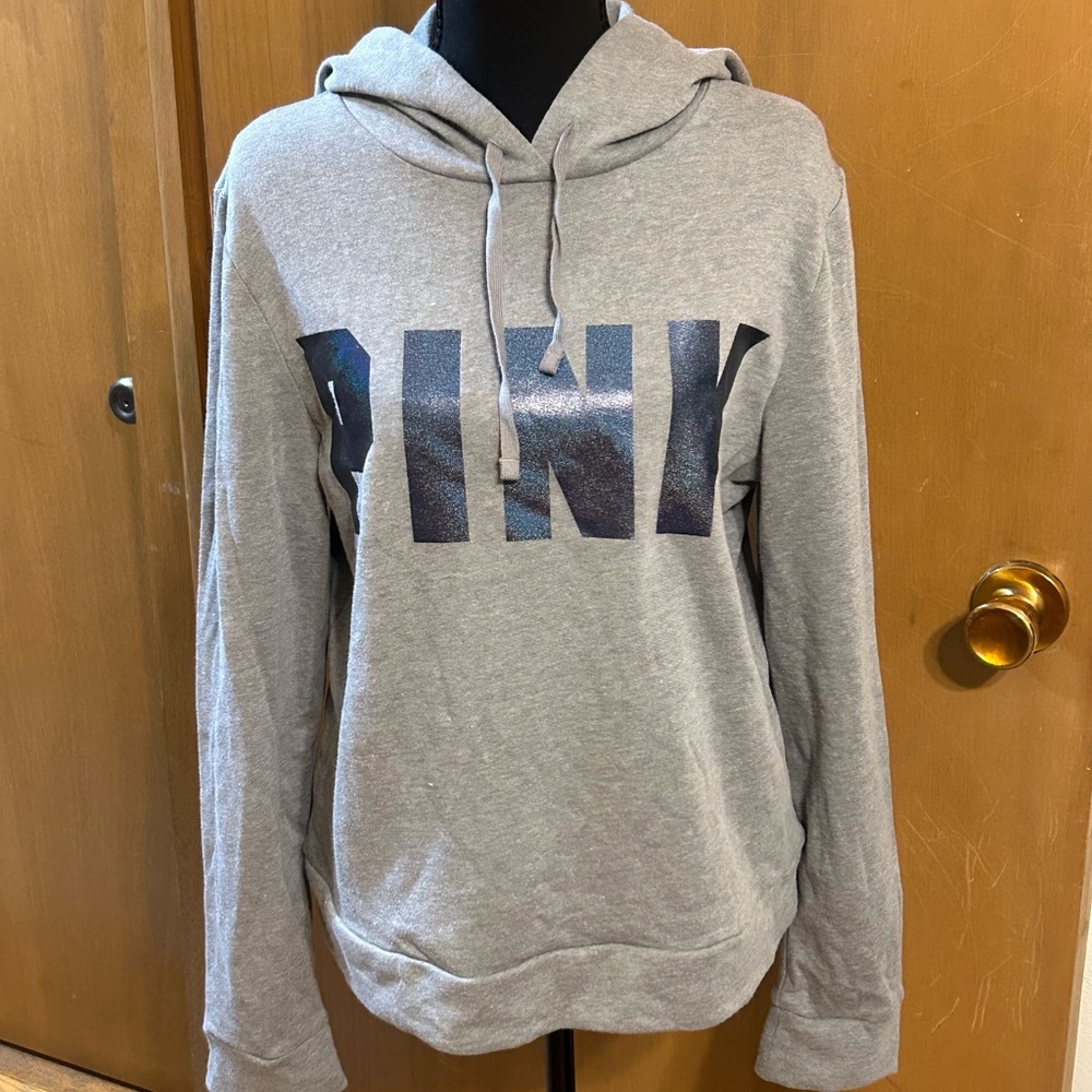 Victorias Secret PINK Gray Pullover Hooded Hoodie Sweatshirt Reflective Logo Med